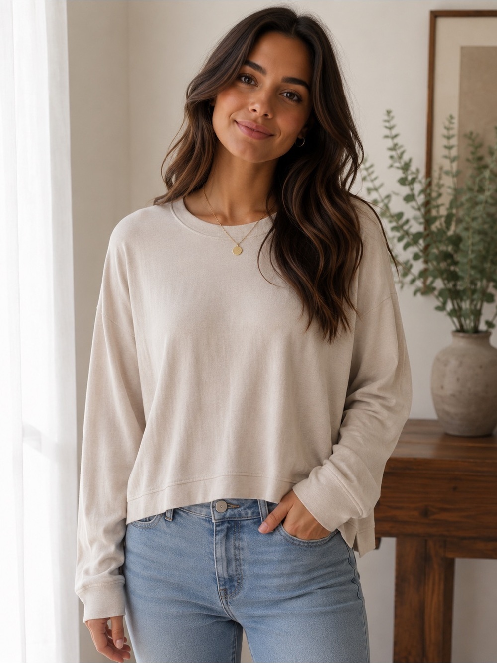 Apana Drop Shoulder Crewneck Pullover Sweatshirt - Large